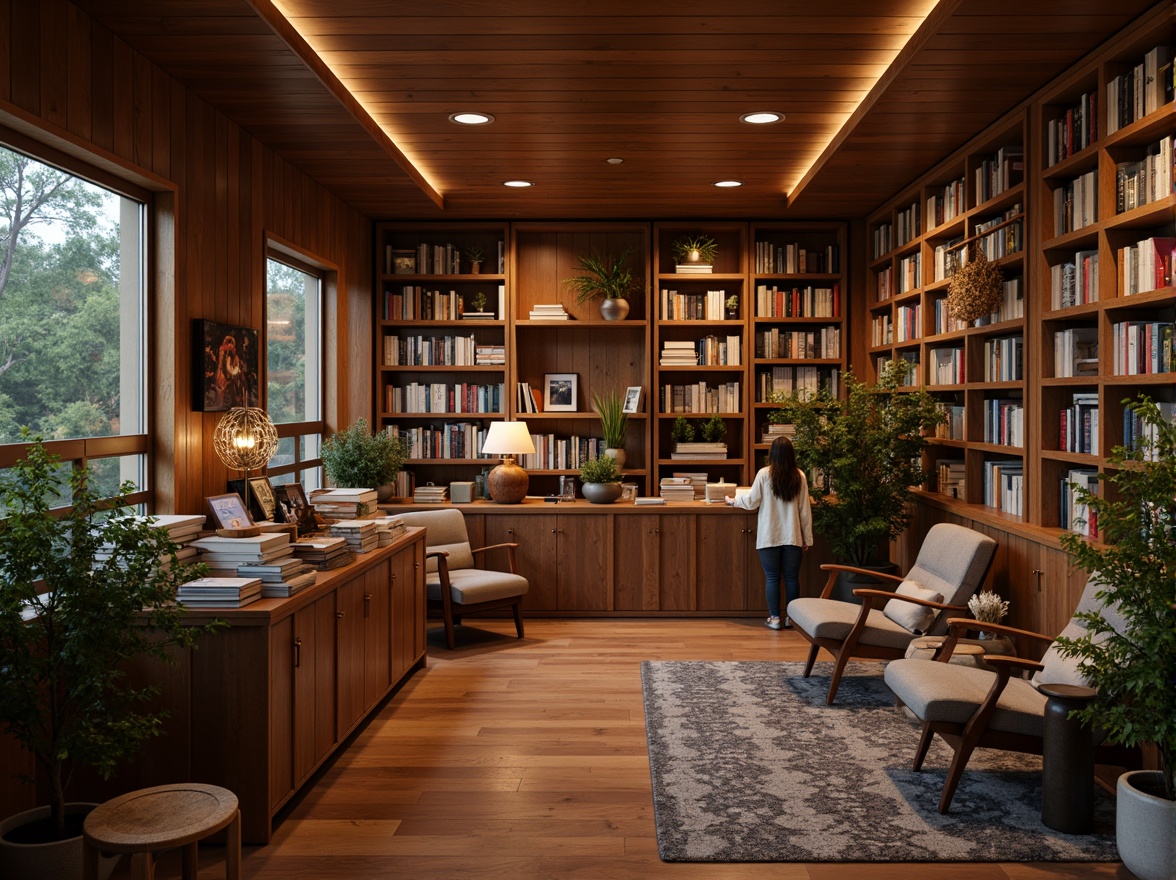 Prompt: Warm mid-century modern bookstore, wooden shelves, vintage book collections, cozy reading nooks, comfortable armchairs, floor lamps, table lamps, sputnik chandeliers, geometric pendant lights, natural materials, earthy color palette, soft warm lighting, shallow depth of field, 1/2 composition, realistic textures, ambient occlusion.