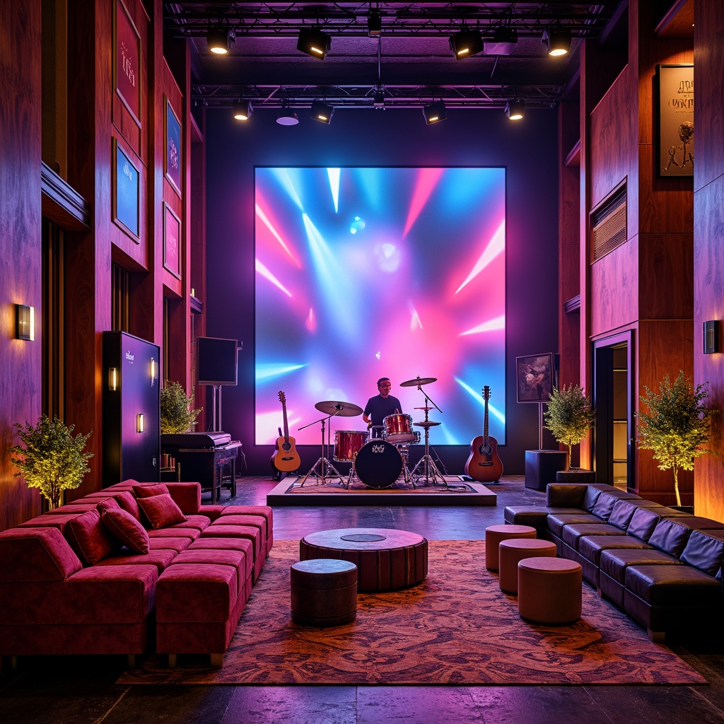 Prompt: Vibrant music venue, stage lights, drum sets, guitars, amplifiers, soundboards, eclectic furniture pieces, metallic accents, neon color schemes, dynamic patterns, abstract shapes, luxurious upholstery, rich wood tones, ambient lighting, cozy nooks, acoustic panels, reverberating spaces, intimate settings, warm atmosphere, shallow depth of field, 1/1 composition, soft focus blur, realistic textures.