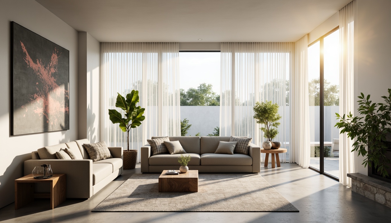 Prompt: Minimalist living room, large windows, natural light pouring in, sheer white curtains, polished concrete floors, sleek low-profile furniture, monochromatic color scheme, potted greenery, subtle textures, ambient lighting, soft warm glow, 1/1 composition, shallow depth of field, realistic reflections, atmospheric rendering.