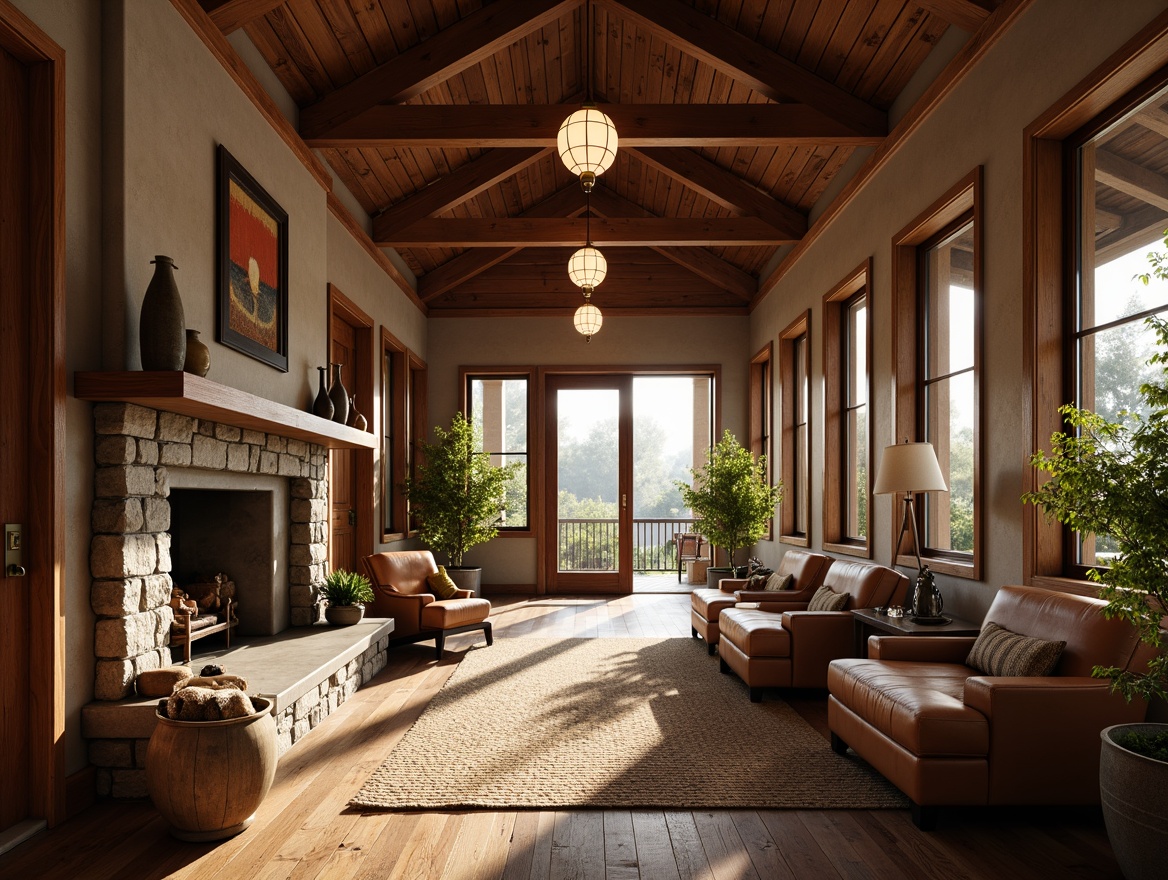 Prompt: Cozy hall, rustic Craftsman interior, wooden beams, stone fireplace, plush furniture, warm earth tones, bronze lighting fixtures, pendant lanterns, table lamps, floor lamps, natural materials, woven textiles, organic patterns, soft warm glow, morning light, 1/1 composition, realistic textures, ambient occlusion.