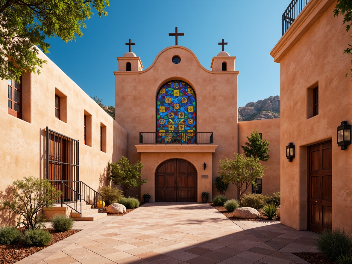 Prompt: Vibrant stained glass windows, southwestern church architecture, adobe-style buildings, warm earthy tones, ornate wooden doors, rustic metal fixtures, colorful tile work, geometric patterns, desert landscape, cactus plants, clear blue sky, hot sunny day, dramatic lighting effects, high contrast ratio, 1/1 composition, symmetrical framing, detailed textures, ambient occlusion.