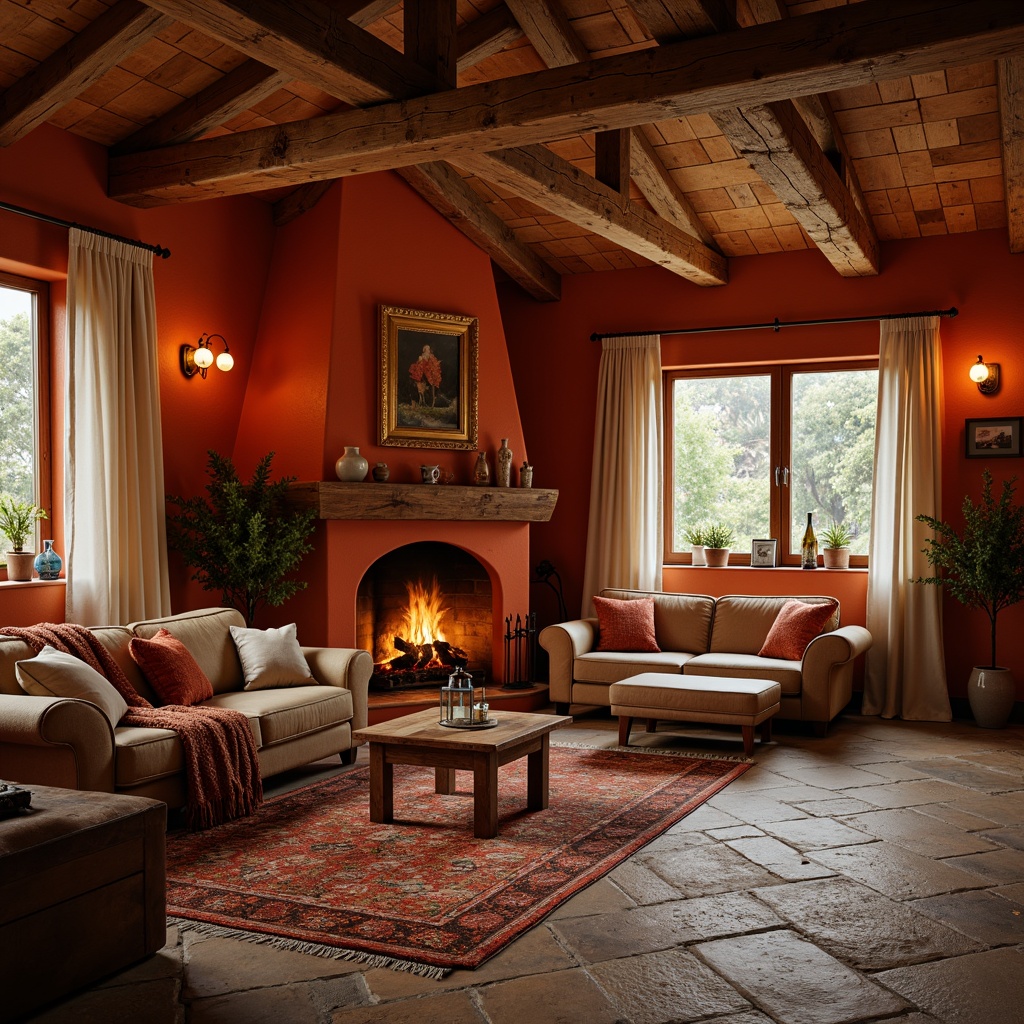 Prompt: Warm orange-red accents, earthy terracotta walls, rich wood tones, natural stone floors, rustic wooden beams, cozy fireplaces, plush woven textiles, vintage metal lanterns, distressed leather furniture, warm golden lighting, shallow depth of field, 2/3 composition, inviting atmosphere, autumnal color scheme, organic shapes, nature-inspired patterns, earthy scent, soft warm glow.