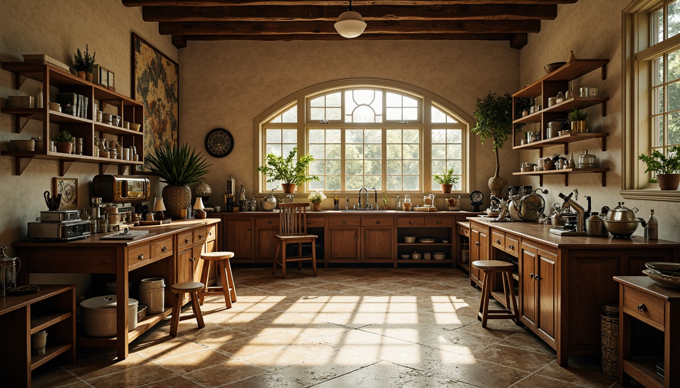 Prompt: Rustic laboratory setting, Terrazzo flooring, earthy tones, warm beige walls, wooden cabinets, traditional equipment, vintage microscopes, antique furniture, natural light pouring in, softbox lighting, shallow depth of field, 1/2 composition, realistic textures, ambient occlusion.