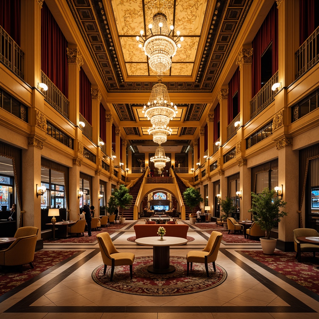 Prompt: Luxurious casino interior, neoclassical architecture, ornate detailing, gold leaf accents, crystal chandeliers, intricate moldings, marble flooring, grand staircases, velvet drapes, rich upholstery, lavish furnishings, opulent textiles, regal ambiance, warm golden lighting, shallow depth of field, 1/2 composition, dramatic shadows, realistic reflections, ambient occlusion.