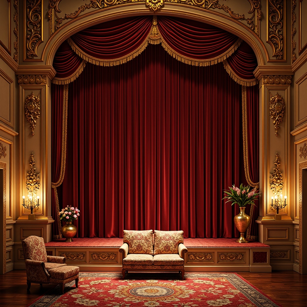 Prompt: Opulent velvet curtains, golden ornate frames, intricate carvings, rich wood tones, curved lines, flowing organic shapes, dramatic lighting, lavish upholstery, plush fabrics, bold colorful patterns, floral motifs, sinuous tendrils, whimsical figurines, luxurious metallic accents, grandiose proportions, majestic stage presence, Baroque-inspired details, 3/4 composition, warm golden lighting, shallow depth of field, realistic textures, ambient occlusion.