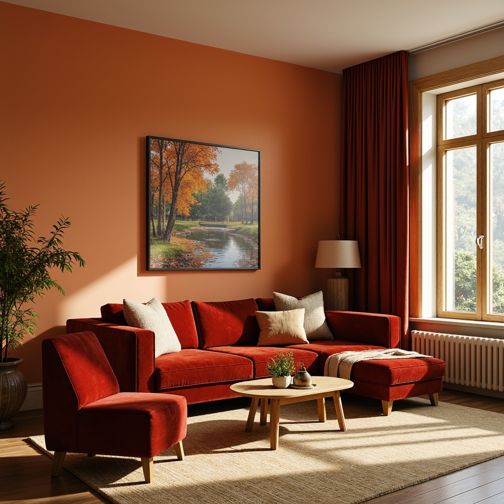 Prompt: Vibrant living room, bold accent walls, rich wood furniture, plush velvet sofas, soft golden lighting, warm beige carpet, creamy white trim, modern minimalist decor, nature-inspired artwork, eclectic bohemian vibes, cozy intimate atmosphere, 1/2 composition, shallow depth of field, realistic textures, ambient occlusion.