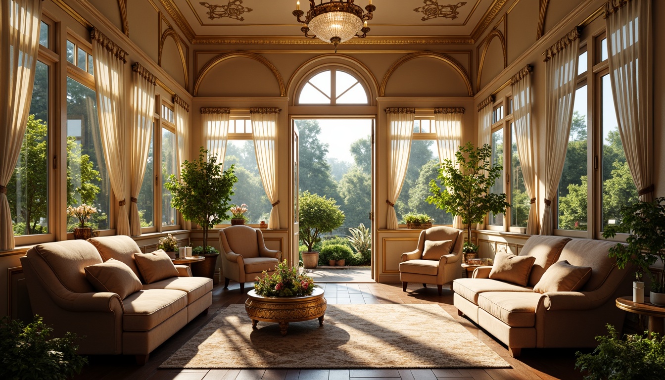 Prompt: Lavish sunroom, ornate Rococo details, delicate carvings, intricate moldings, gilded accents, soft golden lighting, plush velvet furnishings, rich wood paneling, curved lines, scalloped edges, floral patterns, tender greenery, potted plants, natural stone flooring, crystal chandeliers, luxurious drapery, warm beige tones, inviting atmosphere, shallow depth of field, 1/2 composition, romantic ambiance, realistic textures, subtle glow.