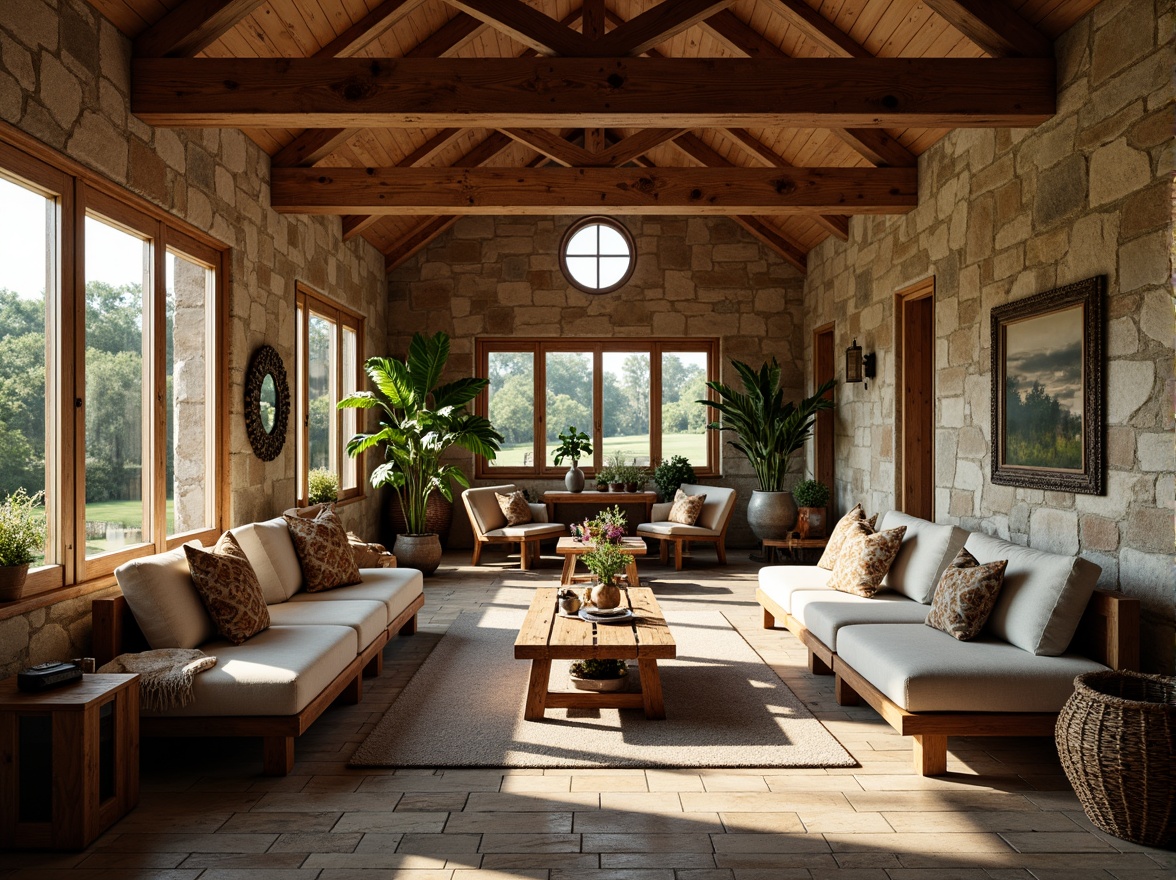 Prompt: Rustic farmhouse, open-plan living area, wooden beams, natural stone walls, earthy color palette, vintage furniture, distressed wood accents, cozy throw blankets, lush greenery, potted plants, rustic metal decorations, soft warm lighting, shallow depth of field, 1/1 composition, panoramic view, realistic textures, ambient occlusion.