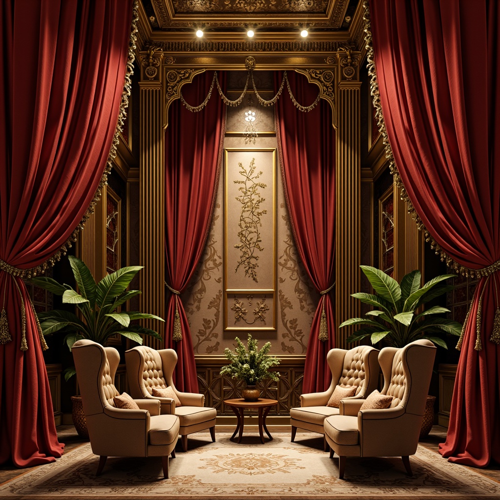 Prompt: Opulent velvet curtains, gilded ornate frames, sweeping curved lines, luxurious fabrics, rich jewel tones, dramatic spotlights, intricate carvings, ornamental metalwork, flowing organic shapes, grandiose scale, lavish upholstery, tufted leather, beaded fringe trim, majestic wingback chairs, sculptural wooden legs, polished marble surfaces, Art Nouveau inspired patterns, whimsical botanical motifs, soft golden lighting, warm atmospheric ambiance, 1/1 composition, cinematic perspective, detailed textures, subtle reflections.