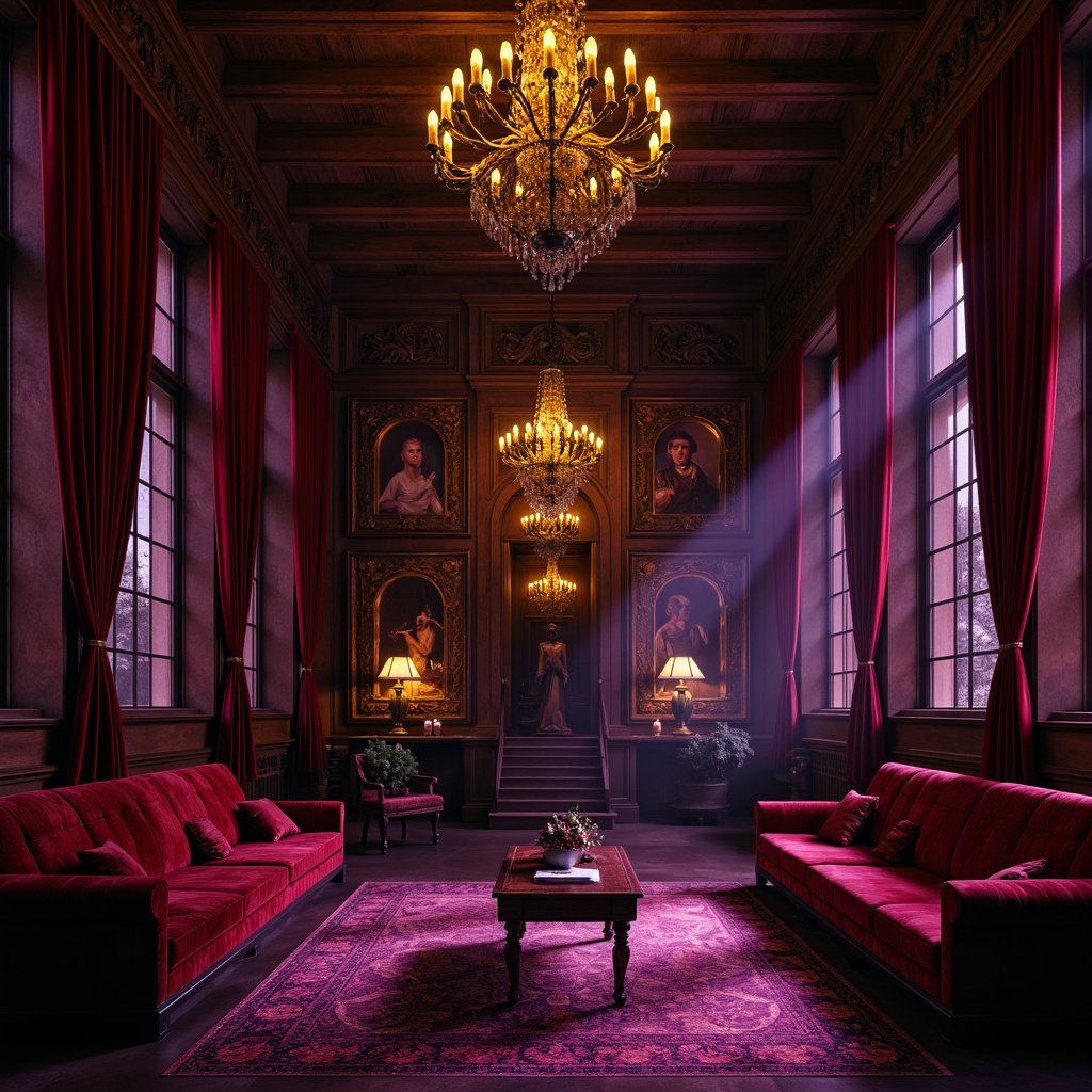 Prompt: Rich velvet drapes, mysterious dark woods, ornate gold accents, eerie candlelight, hauntingly beautiful chandeliers, lavish red upholstery, mystical purple hues, ancient stone walls, intricate stonework patterns, dramatic high ceilings, grandiose architectural details, luxurious heavy curtains, foreboding shadows, dimly lit corridors, haunting atmosphere, warm golden lighting, 1/2 composition, shallow depth of field, cinematic mood.