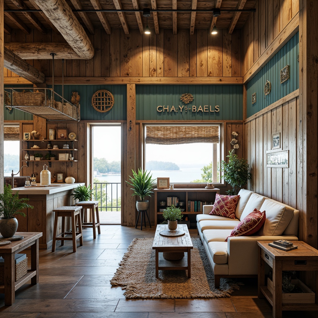 Prompt: Driftwood accents, distressed wood planks, ocean-inspired color palette, weathered metal fixtures, nautical rope details, coral-patterned textiles, sea-glass tiles, reclaimed wooden beams, natural fiber rugs, woven rattan furniture, vintage marine artifacts, rustic wooden crates, beachy signage, soft warm lighting, atmospheric fog effects, shallow depth of field, 1/1 composition, realistic textures, ambient occlusion.