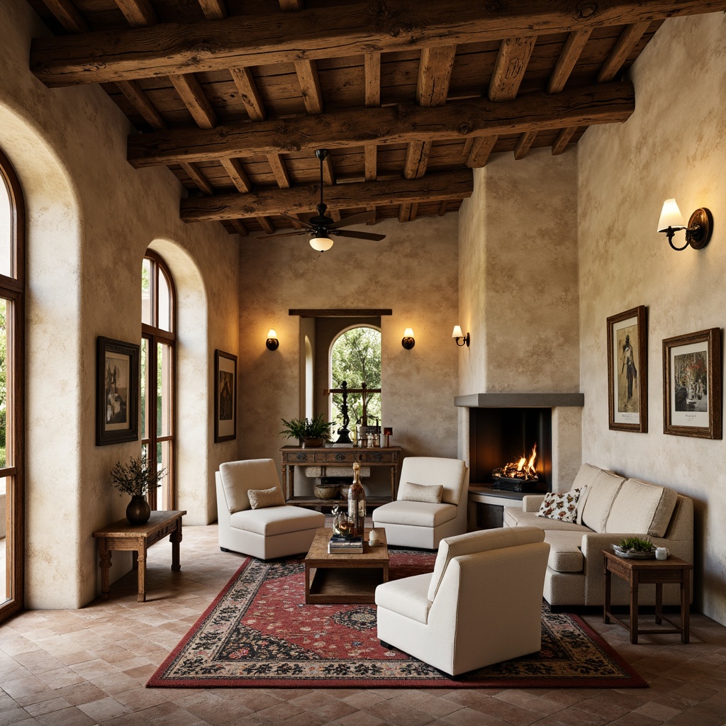 Prompt: Rustic villa interior, earthy color palette, natural stone walls, reclaimed wood flooring, wooden beam ceilings, wrought iron fixtures, cozy fireplaces, plush furnishings, soft warm lighting, vintage decorative accents, distressed textures, traditional architectural details, ornate metalwork, Mediterranean-inspired patterns, warm beige tones, creamy whites, rich wood tones, 1/1 composition, shallow depth of field, realistic reflections.