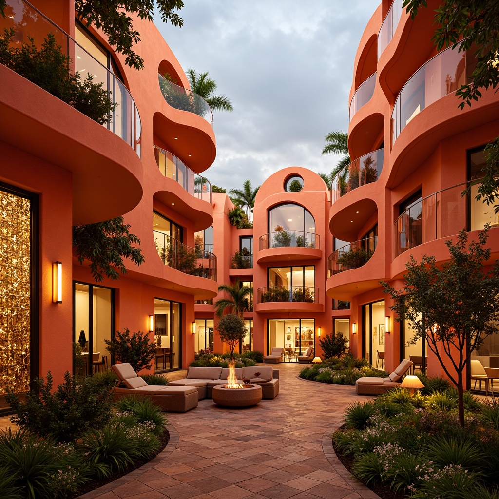 Prompt: Vibrant persimmon-hued buildings, warm earthy tones, rustic natural materials, organic curvaceous lines, whimsical futuristic architecture, glowing neon accents, iridescent glass facades, radiant golden lighting, shallow depth of field, 1/2 composition, panoramic view, stylized botanical patterns, intricate geometric motifs, soft warm atmosphere, dreamy ambiance.