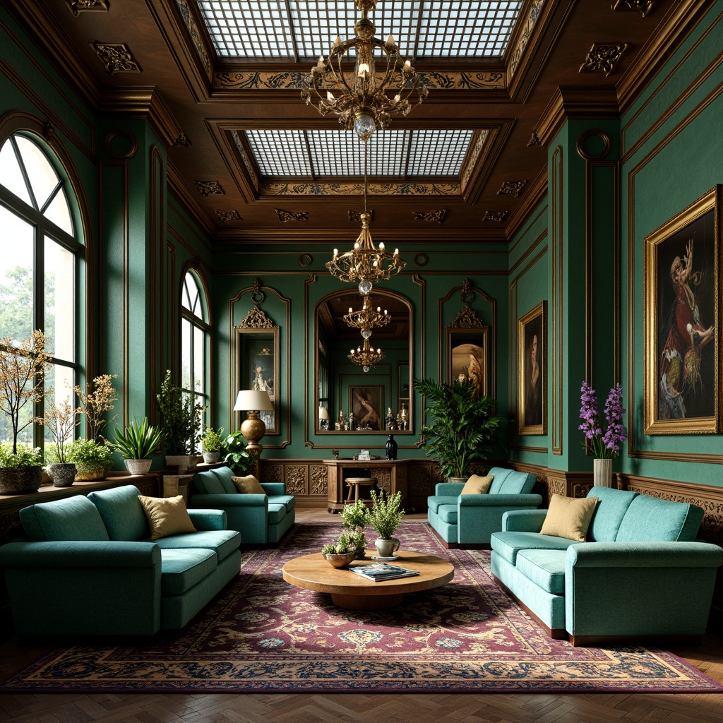 Prompt: Luxurious Art Nouveau interior, opulent furnishings, sinuous lines, flowing curves, organic forms, rich jewel tones, emerald green, sapphire blue, amethyst purple, gold leaf accents, ornate metalwork, velvety soft textures, intricate patterns, botanical motifs, floral arrangements, vintage elegance, warm golden lighting, subtle gradations, high contrast ratios, ornate moldings, carved wooden details, nature-inspired decor.