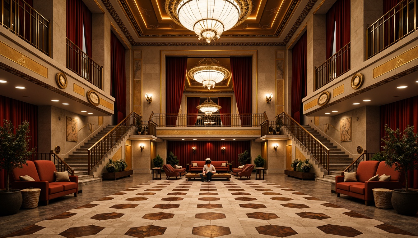 Prompt: Grand amphitheater, ornate Art Deco interior, textured stone walls, geometric patterned floors, luxurious velvet curtains, gilded accents, metallic sheen, ornamental railings, sweeping staircases, grand chandeliers, warm golden lighting, soft focus, shallow depth of field, 1/2 composition, dramatic perspective, highly detailed textures, ambient occlusion.