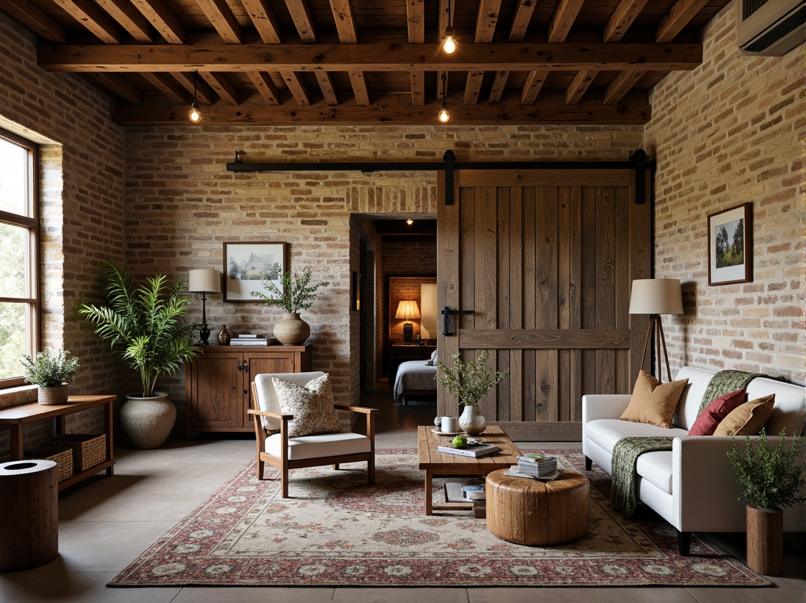 Prompt: Rustic farmhouse, distressed wood accents, vintage metal decor, natural stone walls, earthy color palette, wooden beams, exposed brick, reclaimed barn doors, antique furniture, woven textiles, potted plants, floral patterns, soft warm lighting, shallow depth of field, 1/1 composition, intimate close-up shots, realistic textures, ambient occlusion.