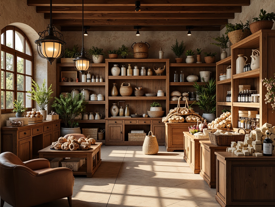 Prompt: Rustic grocery store, vintage wooden crates, distressed stone walls, classic ornate chandeliers, warm soft lighting, earthy tone color palette, natural fiber textiles, woven baskets, ceramic jars, antique metal lanterns, rich wood accents, ornate decorative trims, aged leather armchairs, nostalgic product packaging, warm beige flooring, subtle gradient background, 1/2 composition, realistic textures, ambient occlusion.