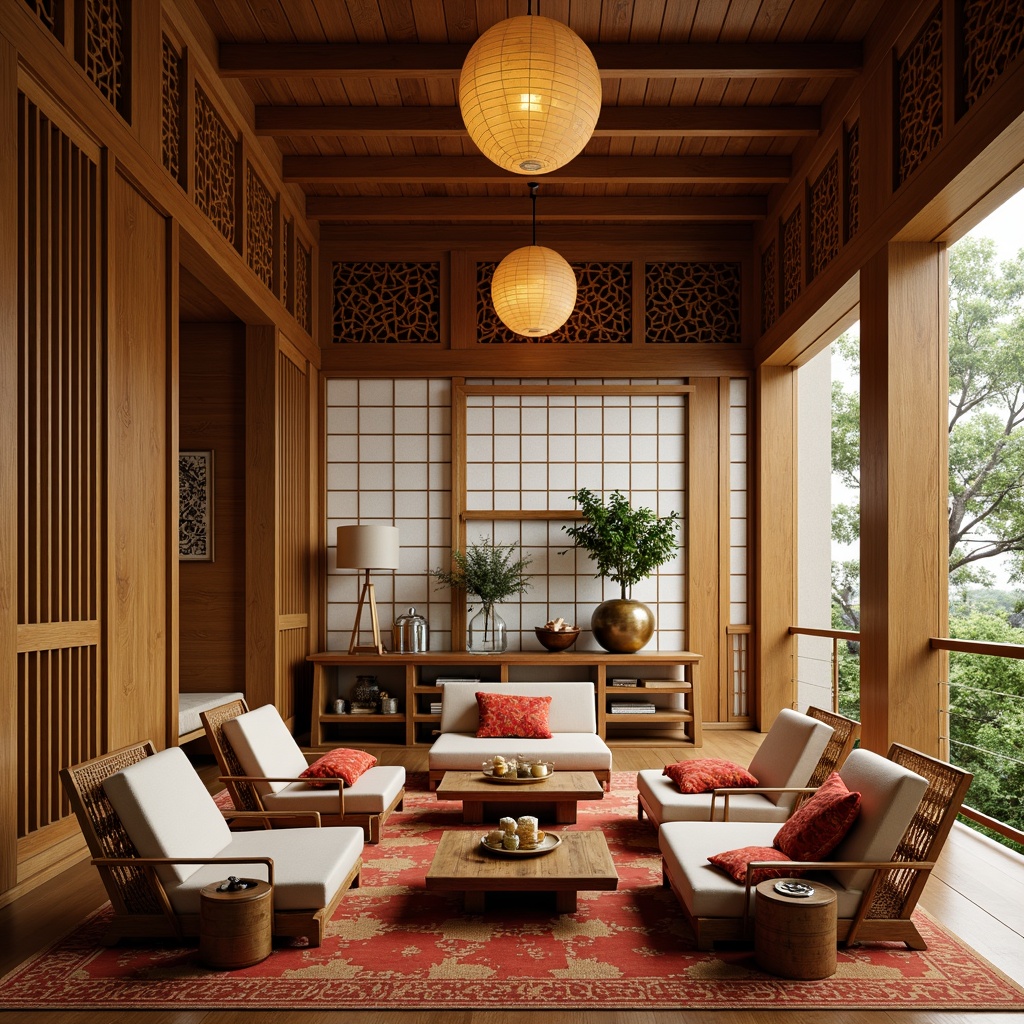 Prompt: Traditional Asian-inspired interior, natural wood tones, intricately carved wooden panels, shoji screens, paper lanterns, woven bamboo chairs, low-seating sofas, vibrant silk fabrics, golden accents, minimalist decor, subtle lighting, warm ambiance, shallow depth of field, 1/1 composition, soft focus, realistic textures, ambient occlusion.