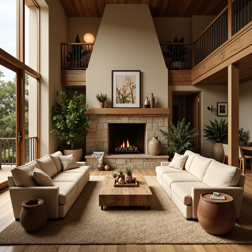 Prompt: Cozy living room, warm beige walls, rich walnut furniture, soft cream accents, plush velvet sofas, natural stone fireplace, floor-to-ceiling windows, abundant greenery, earthy terracotta pots, tranquil atmosphere, warm golden lighting, 1/1 composition, shallow depth of field, realistic textures.