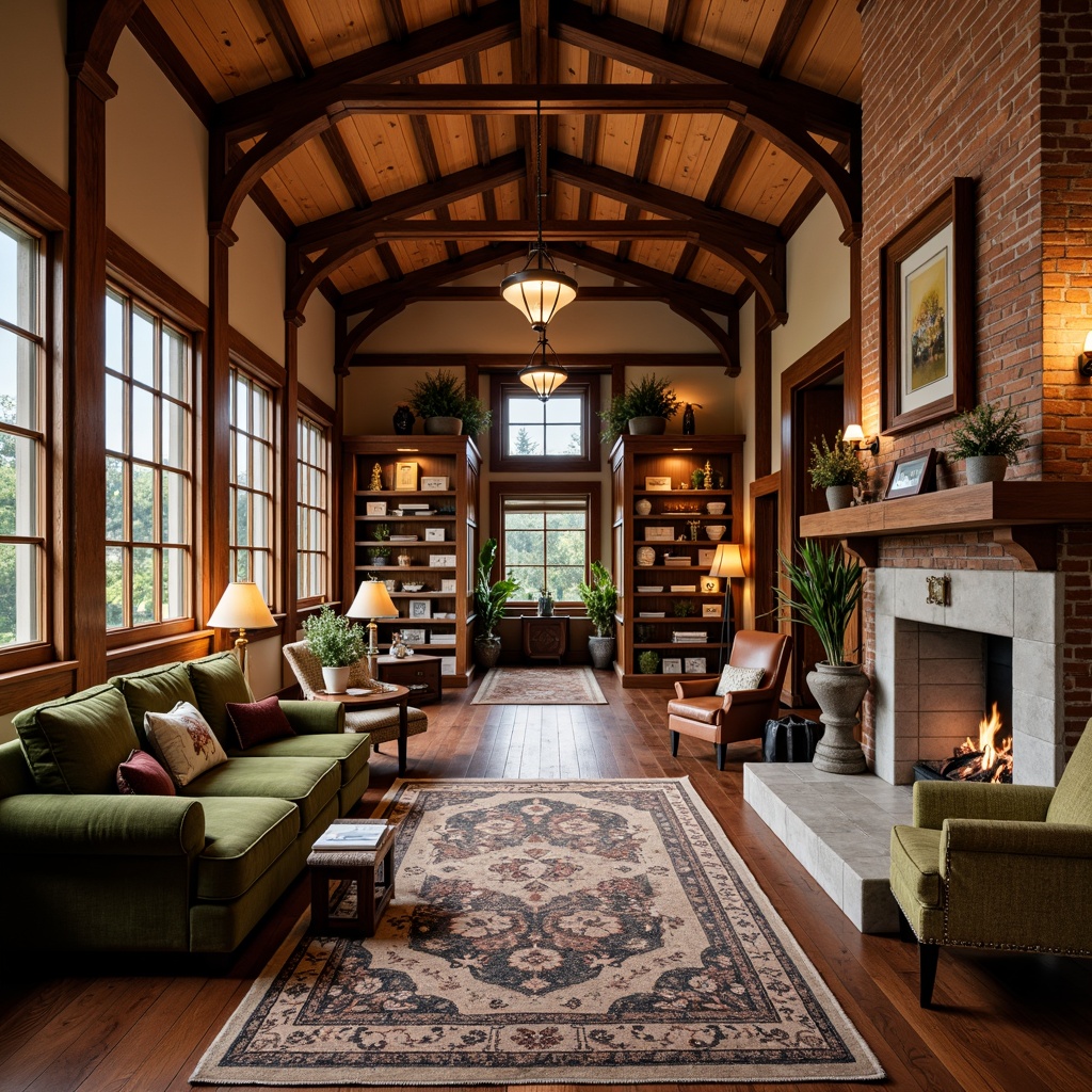 Prompt: Richly ornamented hall, Craftsman style interior, warm wooden accents, oak flooring, rustic brick walls, exposed beam ceilings, natural stone fireplaces, plush velvet sofas, rich leather armchairs, antique wooden furniture, decorative metalwork, earthy color palette, soft warm lighting, cozy throw blankets, vintage-inspired rugs, distressed wood finishes, ornate metal hardware, eclectic artwork collections, layered window treatments, natural textiles, organic patterns, inviting atmosphere.