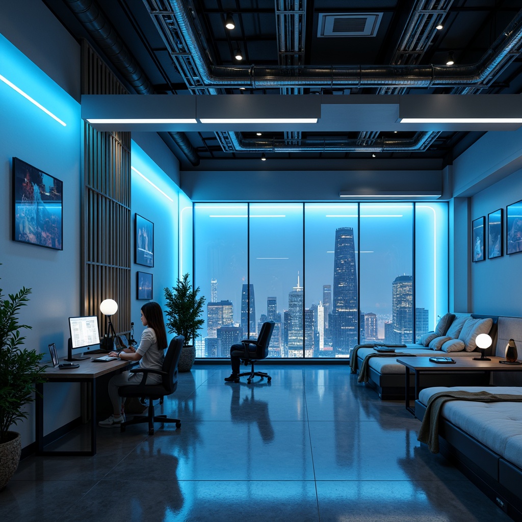 Prompt: Minimalist dorm rooms, futuristic furniture, sleek metallic frames, glowing neon lights, holographic displays, curved lines, futuristic gadgets, space-saving storage units, compact workstations, ergonomic chairs, ambient LED lighting, soft blue hues, polished concrete floors, minimalist decor, geometric patterns, 3D-printed accessories, virtual reality headsets, panoramic city views, atmospheric misting systems, shallow depth of field, 1/1 composition.