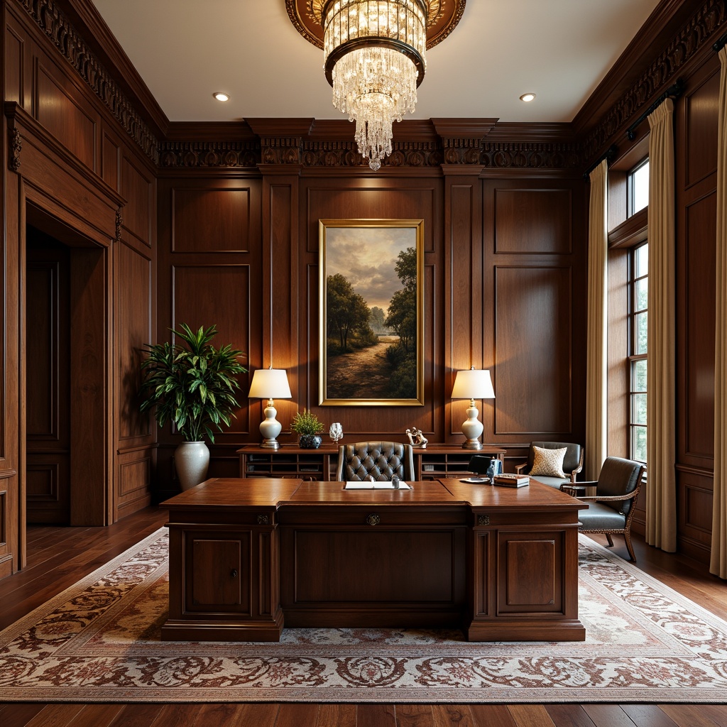 Prompt: Elegant home office, rich wood tones, ornate carvings, luxurious fabrics, tufted leather armchairs, wooden executive desks, intricately patterned rugs, classic oil paintings, crystal chandeliers, gilded frames, subtle warm lighting, refined minimalism, symmetrical compositions, formal atmosphere, sophisticated color palette, dark stained woods, creamy whites, subtle gold accents.