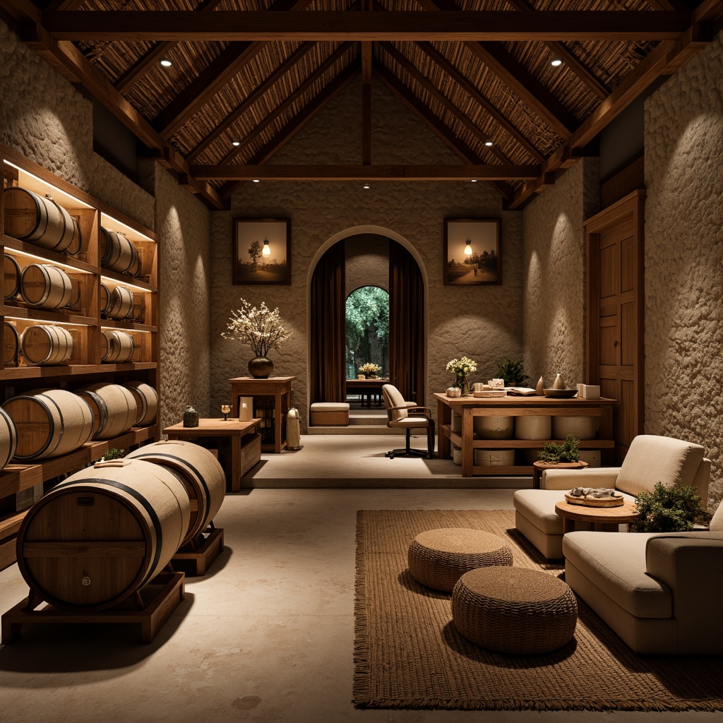 Prompt: Traditional Asian-inspired winery interior, rustic wooden barrels, dim warm lighting, stone walls, earthy tone color palette, sliding shoji screens, natural fiber textiles, woven bamboo furniture, paper lanterns, minimalist decor, modern wine-making equipment, stainless steel tanks, oak wood aging rooms, curved archways, intimate tasting areas, live edge wood countertops, ambient soft music, cozy lounge seating, nature-inspired artwork, subtle scents of incense and tea.