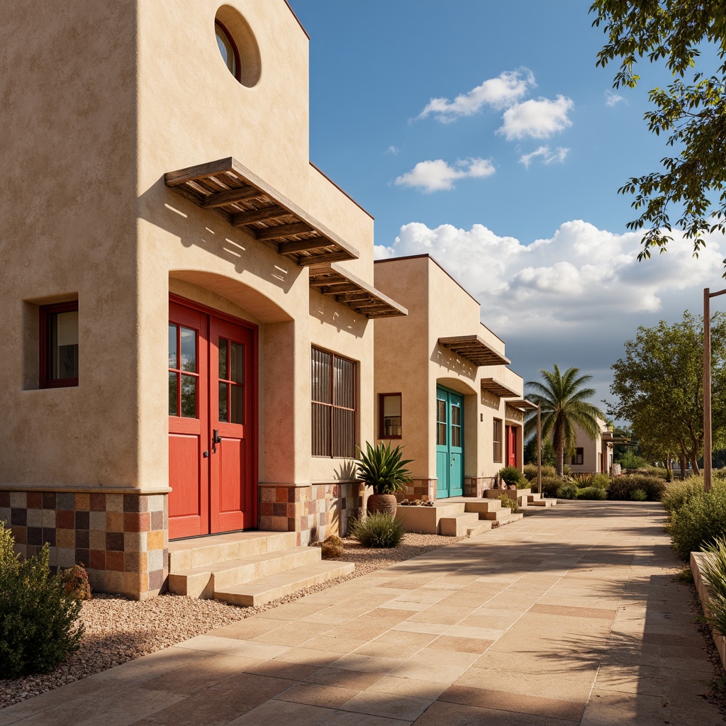 Prompt: Adobe earth tones, warm beige stucco, rustic wooden accents, vibrant turquoise details, bold red doors, soft sandy floors, natural stone walls, arched windows, ornate metalwork, colorful tile mosaics, Spanish colonial architecture, serene desert landscapes, clear blue skies, warm sunny days, dramatic cloud formations, atmospheric perspective, 1/2 composition, soft warm lighting, subtle textures, ambient occlusion.