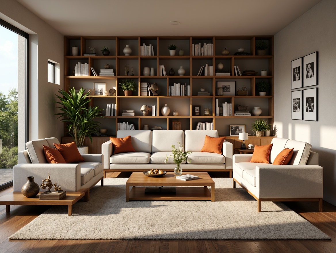 Prompt: Cozy living room, comfortable sofas, wooden coffee tables, vibrant throw pillows, modern bookshelves, functional storage units, adjustable floor lamps, soft area rugs, calming natural colors, minimal ornamentation, 1/1 composition, shallow depth of field, warm soft lighting, realistic textures, ambient occlusion.