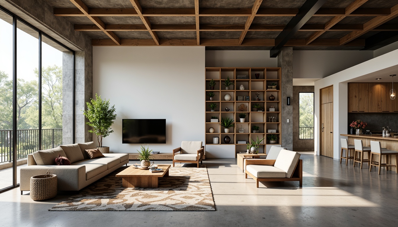 Prompt: Minimalist interior design, open-plan living areas, natural light-filled spaces, polished concrete floors, sleek metal beams, floor-to-ceiling windows, sliding glass doors, cozy reading nooks, built-in shelving units, industrial-chic decor, urban loft atmosphere, warm wooden accents, comfortable plush sofas, vibrant greenery, potted plants, rustic wooden coffee tables, geometric patterned rugs, soft warm lighting, shallow depth of field, 2/3 composition, realistic textures, ambient occlusion.