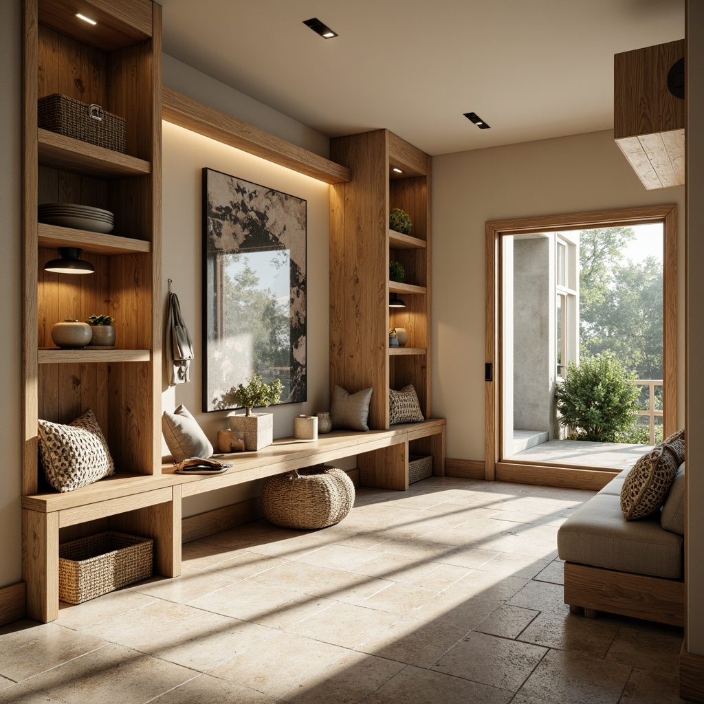 Prompt: Cozy mudroom, natural stone flooring, wooden accents, warm beige tones, rustic metal decor, functional storage benches, woven baskets, soft ambient lighting, pendant lamps, LED strip lights, recessed lighting, natural light pouring in through large windows, sunny day, shallow depth of field, 1/1 composition, realistic textures, ambient occlusion.