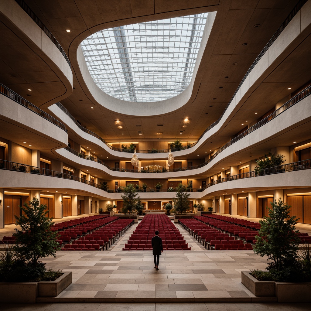 Prompt: Grand opera house, minimalist architecture, sleek marble floors, sparse decorative elements, open-plan interior, floor-to-ceiling windows, natural light flooding, vast performance space, curved balconies, ornate railings, crimson red velvet seats, golden accents, dramatic chandeliers, shallow depth of field, 1/2 composition, panoramic view, realistic textures, ambient occlusion, warm soft lighting, evening atmosphere.