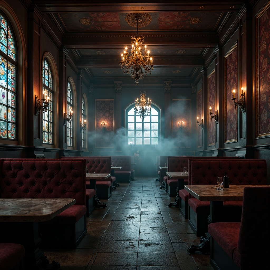 Prompt: Dark, mysterious ambiance, ornate wooden furniture, intricately carved chairs, tables with claw feet, velvet upholstered booths, grandiose chandeliers, stained glass windows, rich tapestries, dramatic archways, medieval-inspired decorative accents, heavy drapery, mysterious lighting, foggy atmosphere, eerie sound effects, 1/1 composition, shallow depth of field, cinematic color grading.