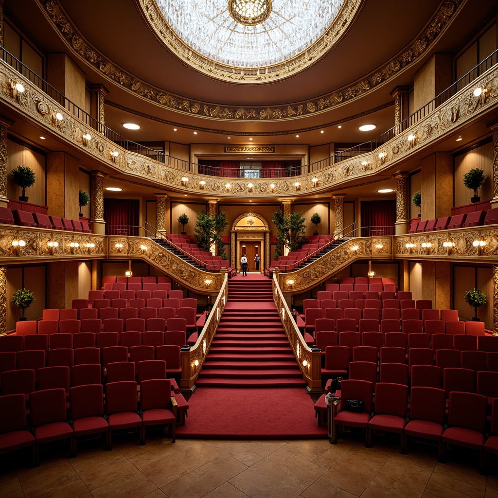 Prompt: Elegant opera house interior, grand staircase, sweeping curves, ornate glass chandeliers, crystal prisms, transparent railings, luxurious velvet drapes, golden accents, rich wood tones, plush red seats, intricate moldings, dramatic lighting, shallow depth of field, 1/1 composition, soft focus, warm color palette, subtle reflections, ambient occlusion.