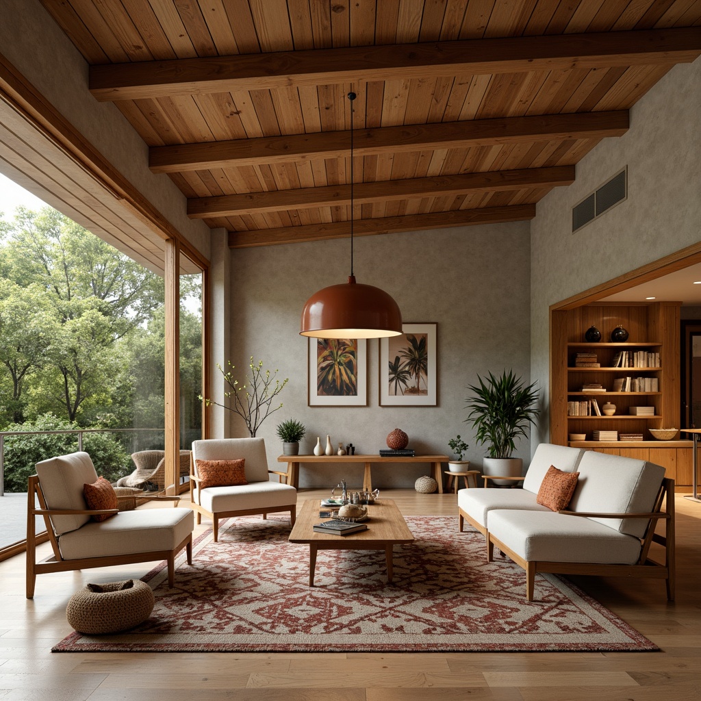 Prompt: Minimalist living room, natural wood tones, retro-inspired furniture, geometric patterned rugs, statement lighting fixtures, organic-shaped decor, earthy color palette, textured walls, industrial-chic accents, cozy reading nooks, floor-to-ceiling windows, sliding glass doors, lush greenery views, warm afternoon sunlight, soft diffused lighting, 2/3 composition, atmospheric perspective, realistic materials, subtle ambient occlusion.