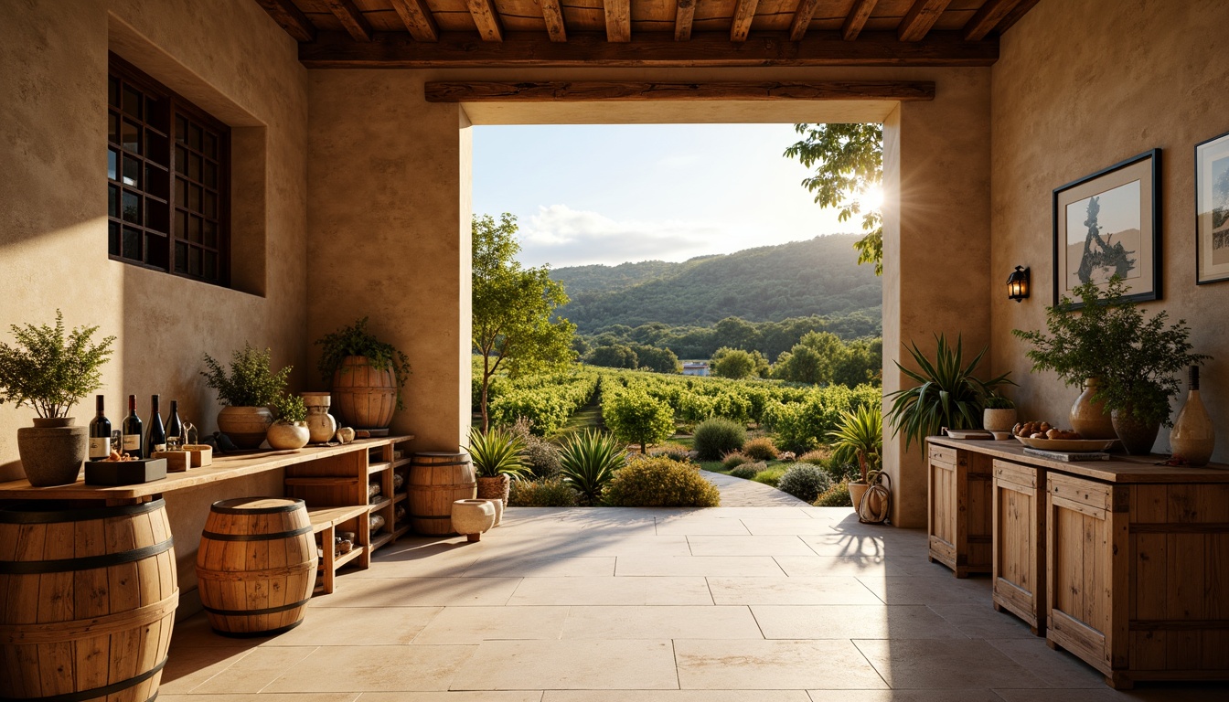 Prompt: Rustic winery, earthy tones, warm beige, rich wood accents, vintage barrels, lush vineyards, sunny afternoon, soft golden lighting, shallow depth of field, 3/4 composition, natural textures, ambient occlusion, elegant typography, wine bottle displays, wooden crates, stone walls, Mediterranean-inspired architecture, rolling hills, scenic countryside views.