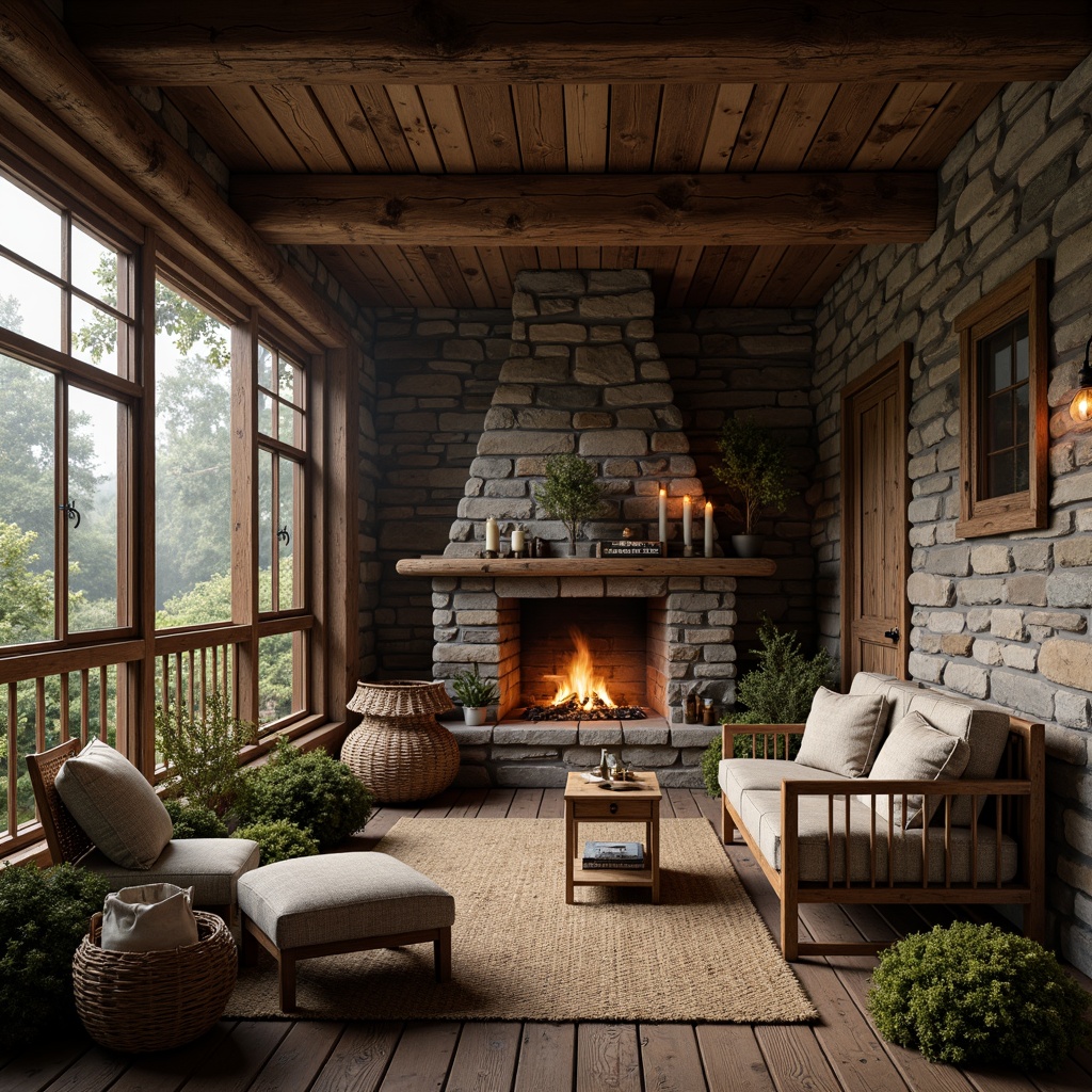 Prompt: Rustic cabin, wooden planks, stone walls, earthy tones, natural textures, woven baskets, vintage furniture, distressed wood, metal accents, candle lighting, cozy fireplace, plush throws, nature-inspired patterns, earthy scents, moss-covered stones, forest surroundings, misty morning, soft warm lighting, shallow depth of field, 1/1 composition, realistic rendering, ambient occlusion.