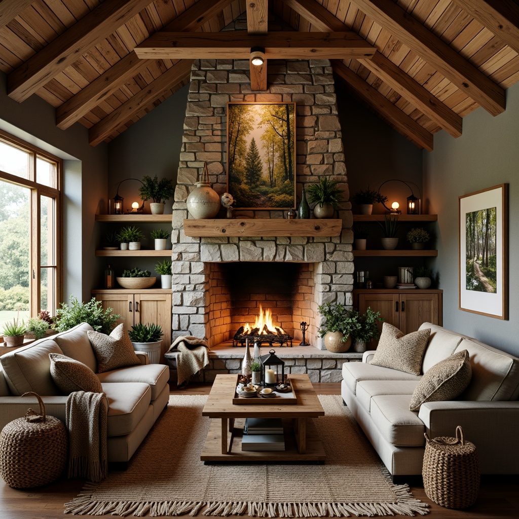 Prompt: Cozy great room, rustic wooden beams, stone fireplace, earthy color palette, natural textiles, woven baskets, potted plants, reclaimed wood accents, vintage metal lanterns, comfy sofas, plush throw blankets, warm ambient lighting, shallow depth of field, 1/1 composition, realistic wood textures, ambient occlusion, forest-inspired wallpaper, nature-inspired artwork, wooden coffee table, woven rug, soft candlelight.