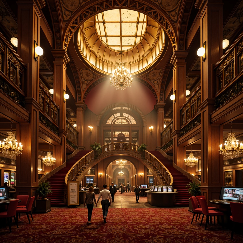 Prompt: Dramatic casino interior, ornate gothic arches, lavish chandeliers, warm golden lighting, rich wood tones, luxurious velvet drapes, intricate stone carvings, mysterious atmospheric fog, spotlight accents, crystal prisms, grand staircases, opulent furnishings, mystical ambiance, eerie shadows, dark wood paneling, crimson red accents, gilded details, high ceilings, majestic columns, elaborate moldings, warm candlelight, soft misty glow.