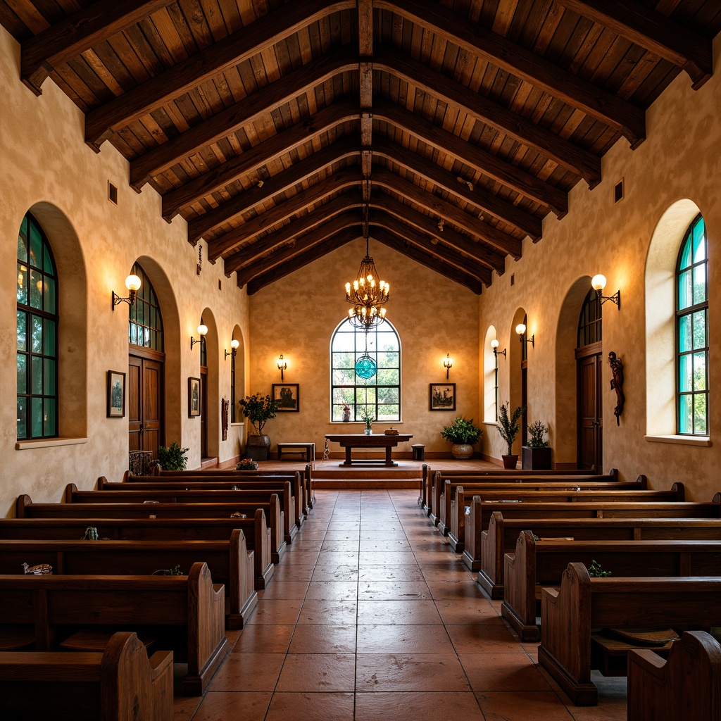 Prompt: Southwestern church interior, vaulted ceiling, wooden beams, rustic charm, warm earthy tones, stained glass windows, soft diffused light, ornate chandeliers, hand-carved wooden accents, Latin-inspired arches, vibrant turquoise hues, terracotta tiles, distressed stone walls, intimate sacred atmosphere, dramatic verticality, 1/2 composition, soft focus blur, warm color grading.