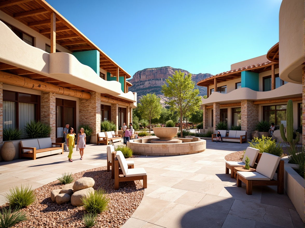 Prompt: Southwestern bus station, adobe-inspired architecture, earthy tones, terracotta roofs, vibrant turquoise accents, natural stonework, curved lines, organic shapes, innovative seating arrangements, ergonomic benches, recycled metal frames, weathered wood textures, desert landscape views, cactus plants, hot sunny day, clear blue sky, shaded outdoor spaces, misting systems, geometric patterns, colorful textiles, ambient occlusion, soft warm lighting, shallow depth of field, 3/4 composition, panoramic view.