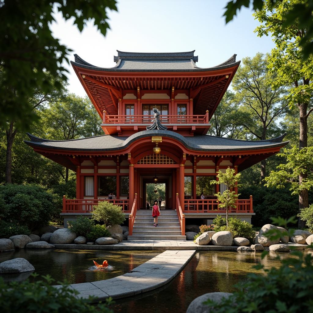 Prompt: Traditional Japanese pagoda, intricately carved wooden accents, vibrant vermilion red walls, golden ornate details, lush greenery surrounds, serene koi pond, tranquil water features, natural stone pathways, rustic lanterns, subtle warm lighting, shallow depth of field, 3/4 composition, panoramic view, realistic textures, ambient occlusion.