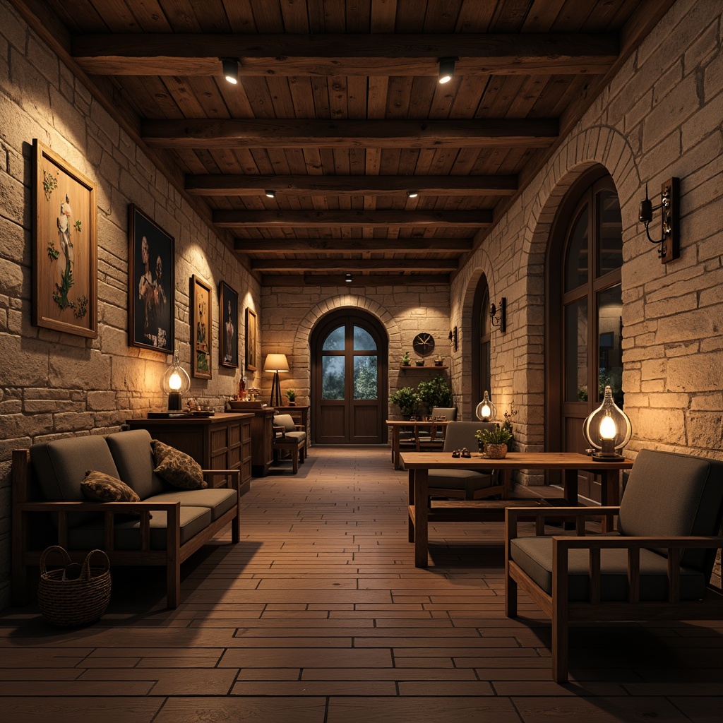 Prompt: Rustic stone walls, distressed wooden planks, weathered brick facades, earthy tone color palette, natural rough-hewn textures, aged metal accents, vintage ornate fixtures, warm candlelit ambiance, soft diffused lighting, shallow depth of field, 1/1 composition, realistic materials, ambient occlusion, cozy intimate atmosphere.