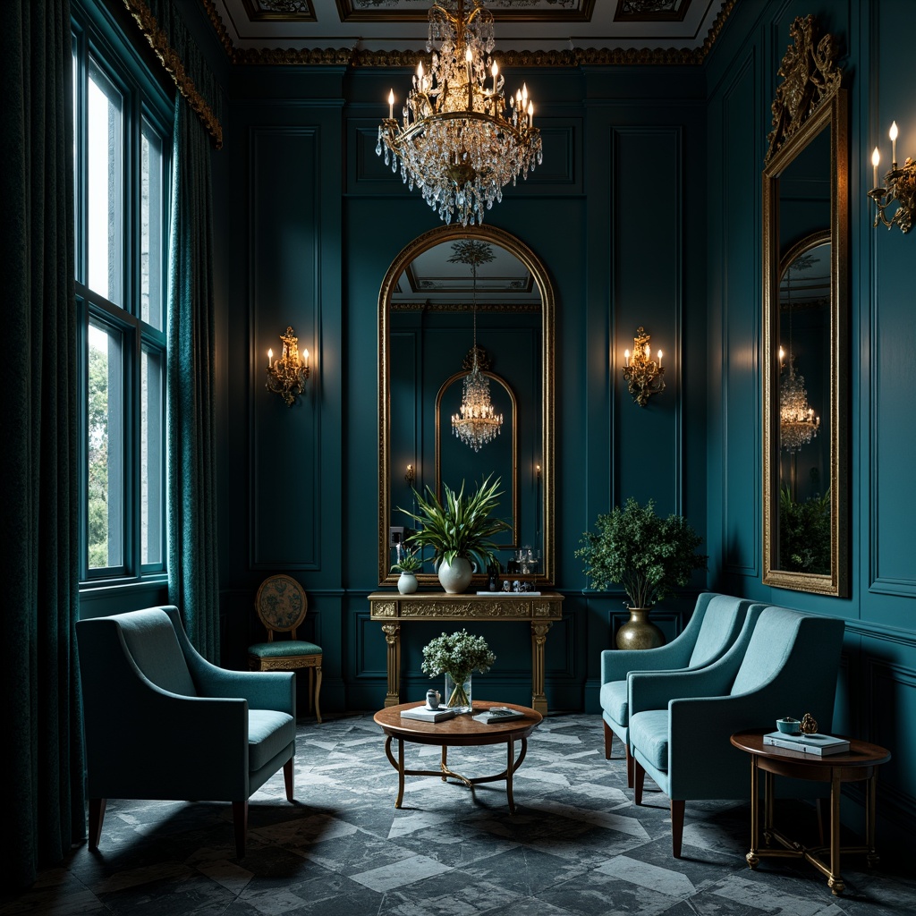 Prompt: Luxurious dark cyan walls, velvety smooth textures, metallic silver accents, subtle gradient effects, ornate golden frames, rich charcoal grey floors, lavish crystal chandeliers, mysterious midnight blue drapes, sophisticated navy blue furniture, delicate ivory trimmings, dramatic spot lighting, cinematic 3/4 composition, atmospheric misty ambiance, opulent marble surfaces, refined linear patterns.