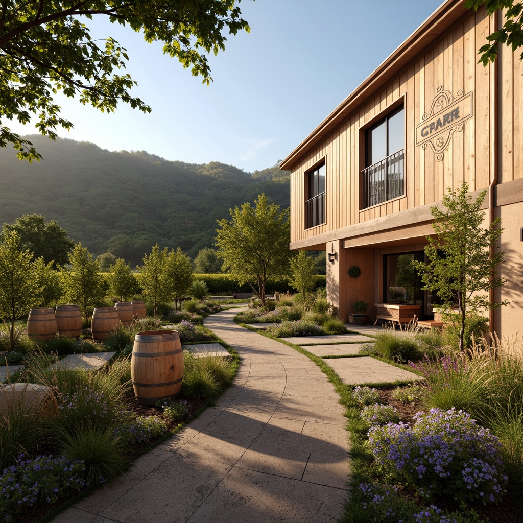 Prompt: Rustic vineyard, earthy tones, warm beige walls, rich wooden accents, vintage wine barrels, lush greenery, rolling hills, sunny afternoon, soft warm lighting, natural stone pathways, elegant signage, modern farmhouse architecture, large windows, sliding glass doors, blooming flowers, serene atmosphere, 3/4 composition, realistic textures, ambient occlusion.