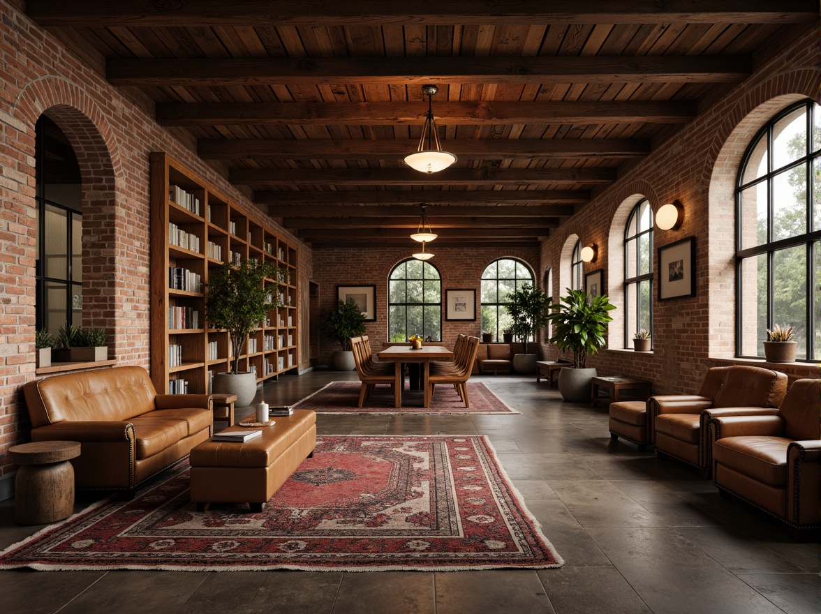 Prompt: Rustic university interior, reclaimed wooden accents, distressed brick walls, earthy color palette, natural stone floors, worn leather furniture, vintage metal lighting fixtures, exposed wooden beams, cozy reading nooks, plush area rugs, warm candlelight, soft shadows, 1/1 composition, shallow depth of field, realistic textures, ambient occlusion.