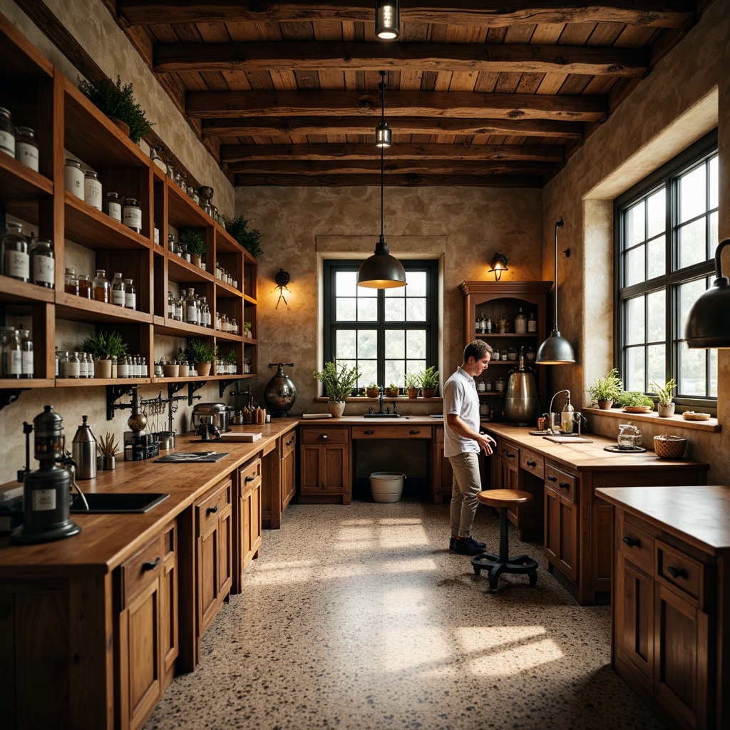 Prompt: Rustic laboratory interior, traditional wooden cabinetry, Terrazzo flooring, earthy color palette, natural stone walls, industrial-style lighting fixtures, stainless steel workbenches, fume hoods, antique scientific equipment, wooden shelves, vintage apothecary jars, distressed wood accents, warm softbox lighting, shallow depth of field, 1/2 composition, realistic textures, ambient occlusion.