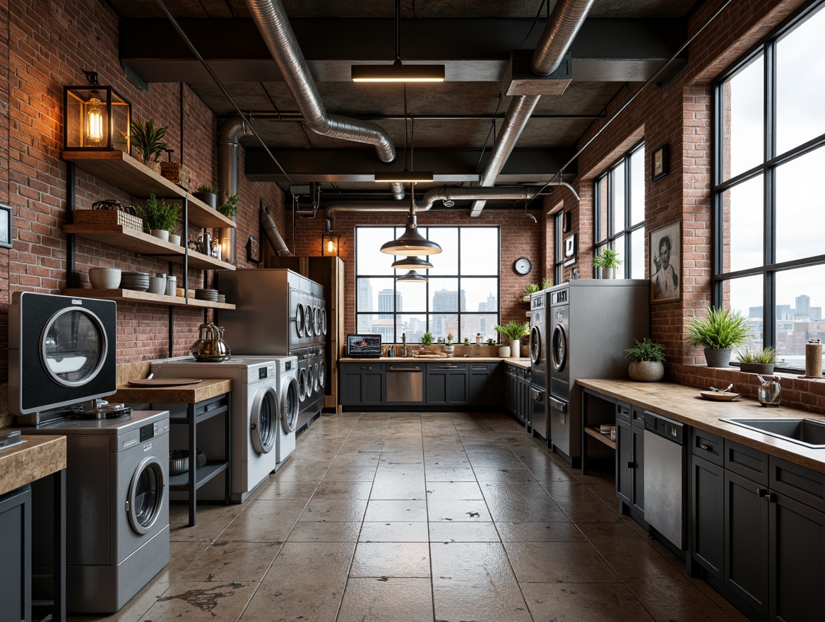 Prompt: Exposed brick walls, metal beams, industrial pipes, distressed wood floors, vintage laundry equipment, retro-futuristic machinery, Edison bulbs, urban cityscape views, concrete countertops, reclaimed wood shelves, metallic accents, functional minimalism, monochromatic color scheme, softbox lighting, shallow depth of field, 2/3 composition, cinematic framing, realistic textures, ambient occlusion.Let me know if this meets your requirements!