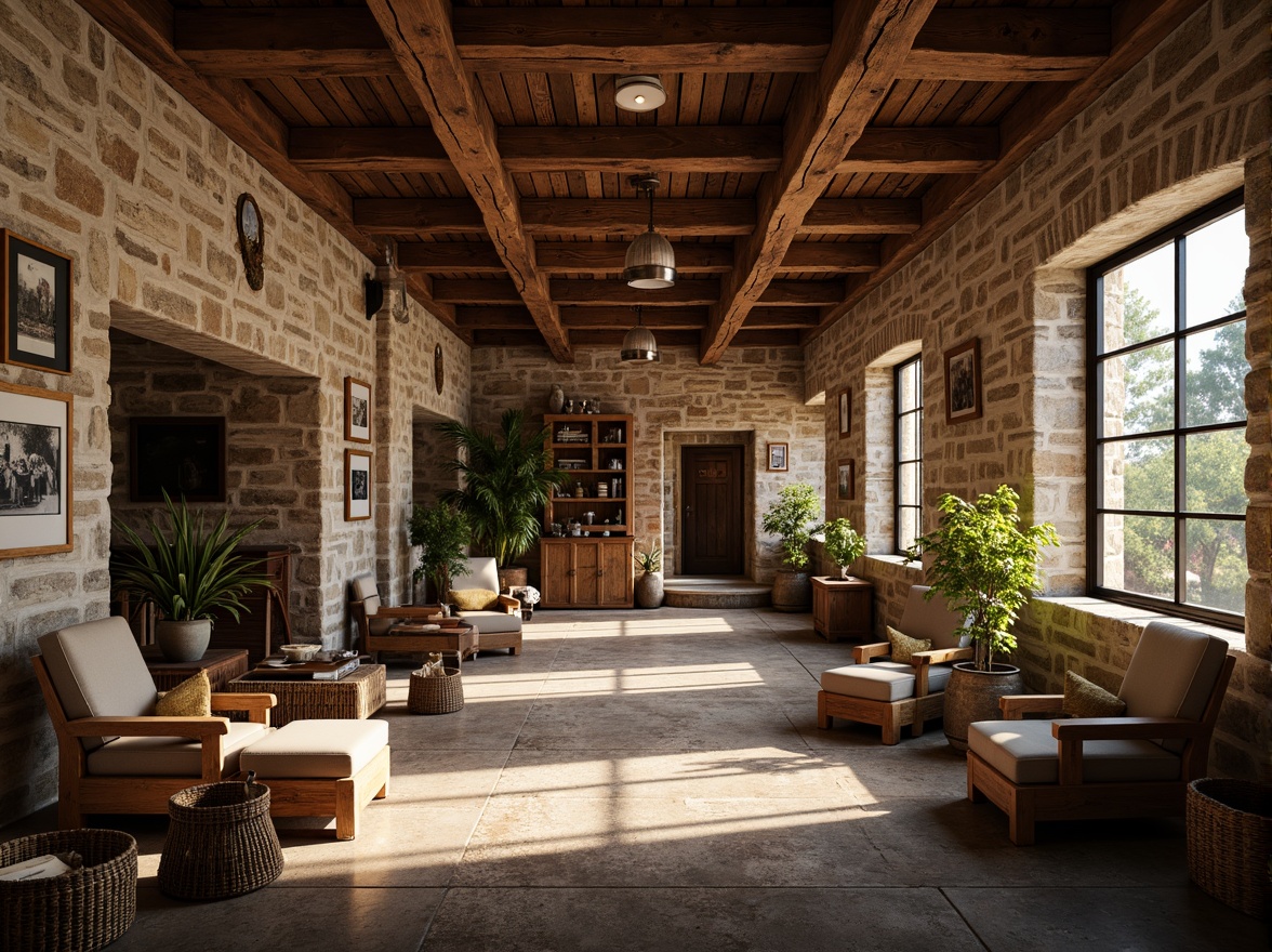 Prompt: Rustic university interior, reclaimed wood accents, distressed stone walls, earthy color palette, natural textiles, woven baskets, vintage furniture, industrial metal fixtures, exposed brick ceilings, wooden beam details, warm cozy lighting, soft shadows, 1/2 composition, intimate atmosphere, realistic wear and tear, ambient occlusion.