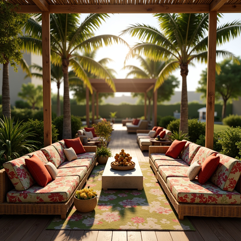 Prompt: Vibrant floral patterns, exotic leaf motifs, woven rattan furniture, natural fiber upholstery, bold color schemes, lush greenery, palm trees, sunny tropical climate, warm golden lighting, shallow depth of field, 1/2 composition, realistic textures, ambient occlusion, intricately carved wooden accents, colorful tassels, plush throw pillows, tropical fruit arrangements, refreshing outdoor spaces, misting systems.